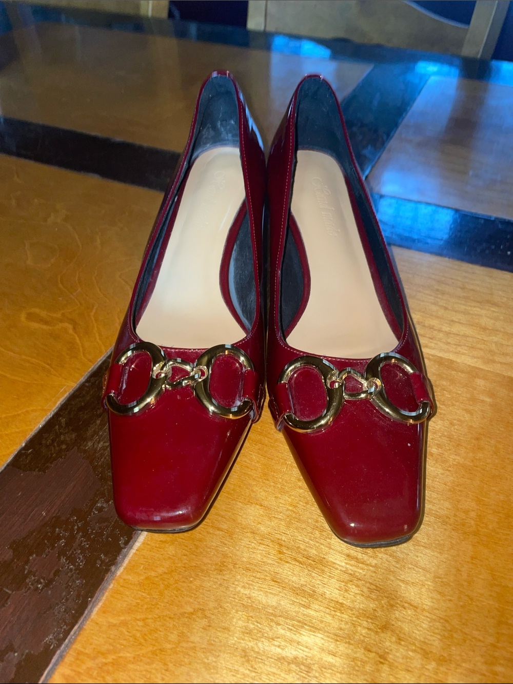 LIMITED EDITION Burgundy Patent Leather Square-Toe Flats with Gold Chain Accent